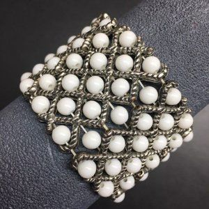 Crisscross Grid Cuff Bracelet Stretch Silver White Round Bead Retro BoHo